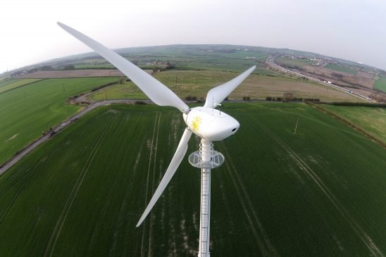 Wind turbine inspected by drone